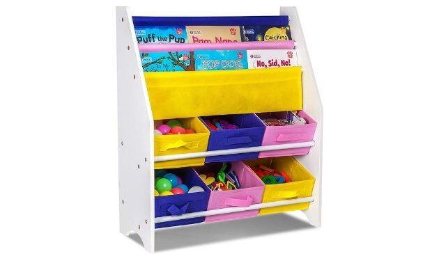 A freestanding white bookcase, with sling storage on each of the three levels of it.