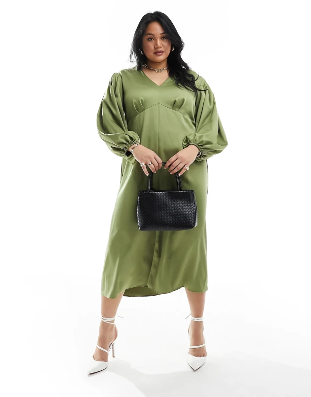 Closet London Plus Balloon Sleeve Midaxi Dress in Olive