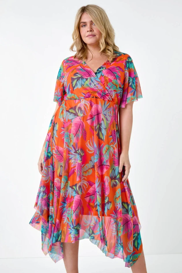 Roman Orange Curve Tropical Stretch Mesh Wrap Dress