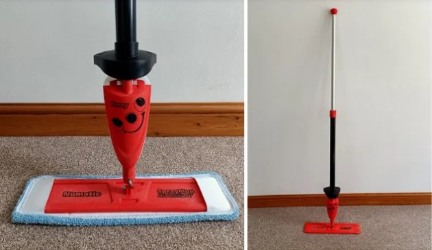 Henry Spray Mop. Picture is split to show the full length of the black and red mop leaning agains a white wall and a close up at the bottom of the mop against the same background which shows a smiley face on a red background on the mop.