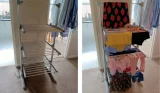 Two side by side images of a chrome 3-tier heated airer in someones's hallway, with brown carpet and cream walls. One airer is empty, the other is filled with colourful children's clothing