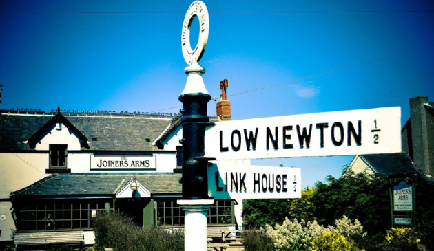 a street sign with a traditional pub in the background