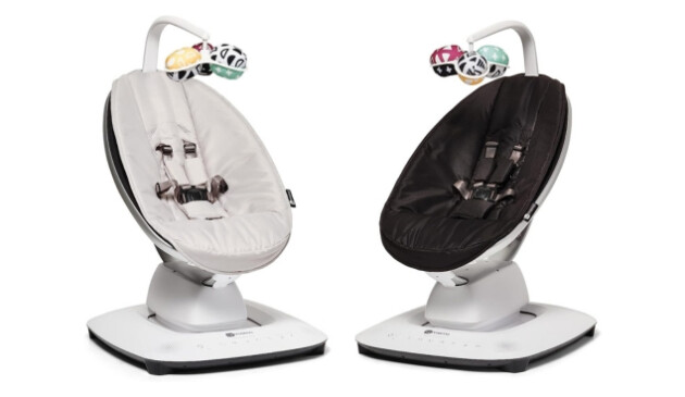 Two 4Moms MamaRoo baby swings in grey and black