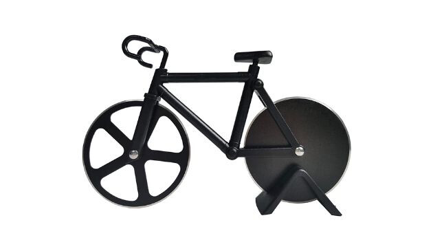 A pizza cutter shaped like a small, black bicycle