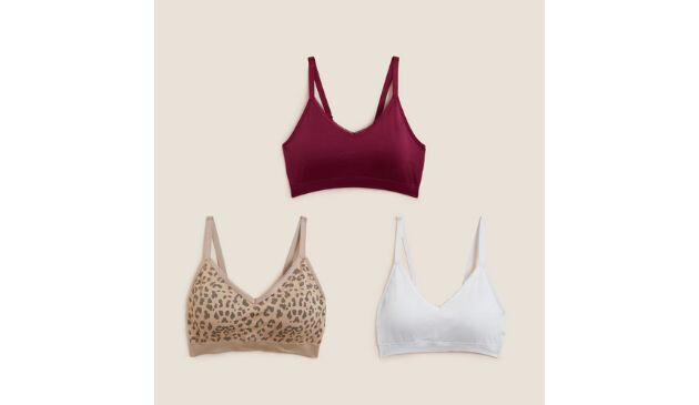 Marks and Spencer leopard, white, and burgundy bralettes