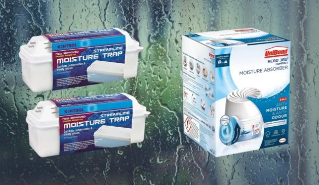 A collage of two moisture traps against a wet window background