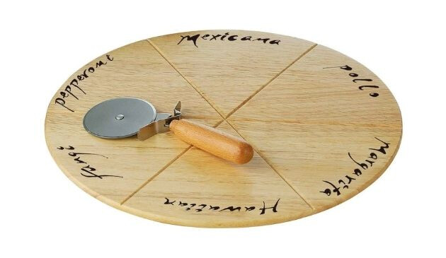 A pizza board with the names of pizzas around the edges, and a pizza cutter
