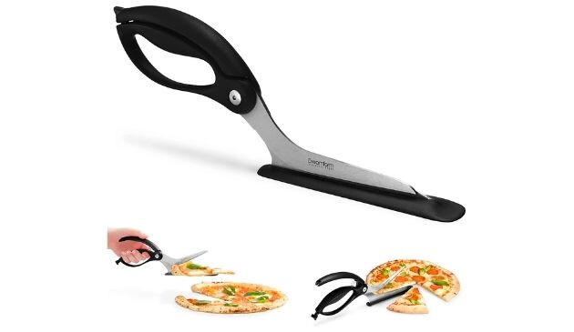 scissors with a plastic guard on the bottom blade, designed for cutting pizza
