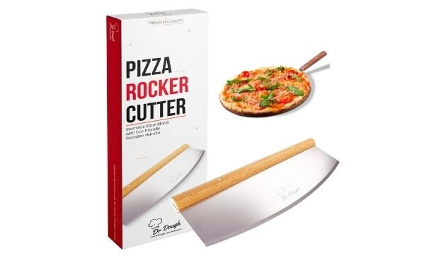 A pizza rocker knife, which features a long, curved blade