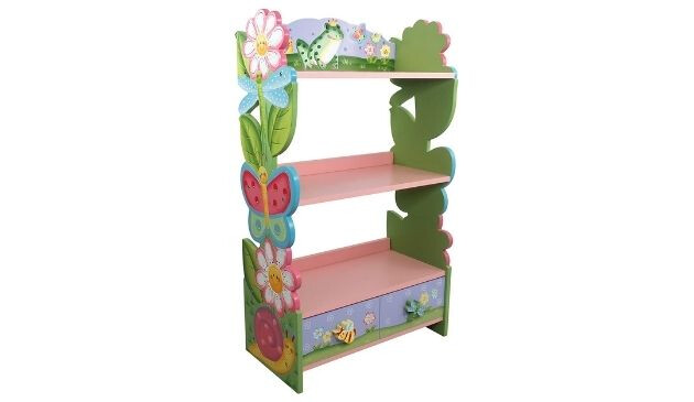 A freestanding magic garden bookcase. It is painted in pink, blue and green.