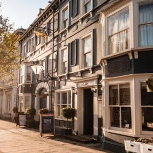 A smart Georgian street at sunset