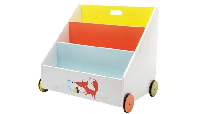 A bookcase on four wheels. It's painted in white, yellow, orange and blue. There's a painting of a fox on the front (at the bottom) too.