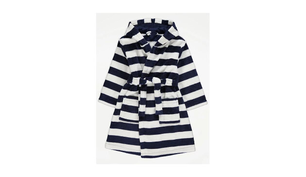 ASDA navy and white striped fleece dressing gown with a tie around the waist