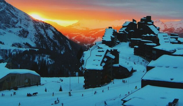 Avoriaz ski resort in France at dusk.
