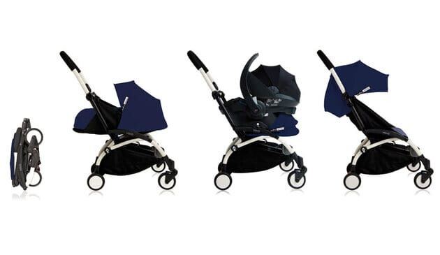 Four different views of the buggy on a white background