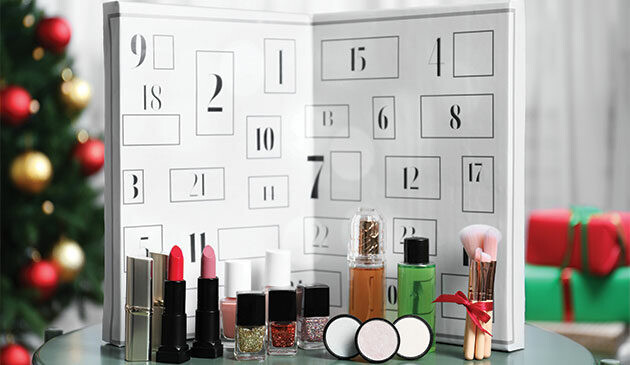 Beauty Advent Calendar with makeup items laid out in front