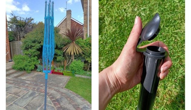 Two upright images. One shows the Beldray 60m rotary airer folded down, the other shows a woman's hand holding a black plastic ground socket with an attached lid.