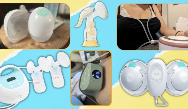 best breast pumps main image featuring MAM Move, Spectra S1, Pippeta, Medela Harmony, Elvie Stride 2, Momcozy V2