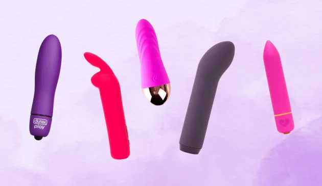 A picture collage of bullet vibrators against a purple background
