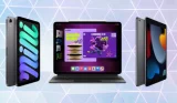 Three iPads on a pale blue geomectric background