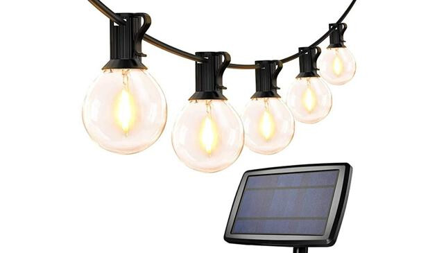 A set of hanging solar powered lights