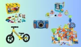 Best toys for 4-year-olds hero image featuring a Vtech KiddiZoom Camera, Leapfrog pizza cart and Hot Wheels monster truck