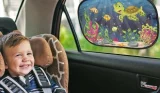 child in car seat with car sunshade in the window