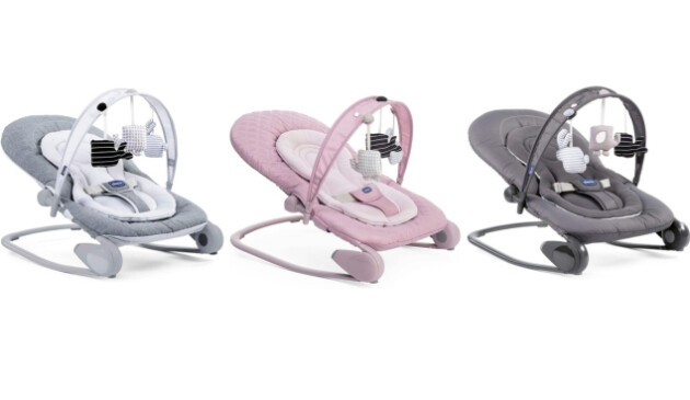 Three Chicco Hoopla bouncers in grey, pink and black