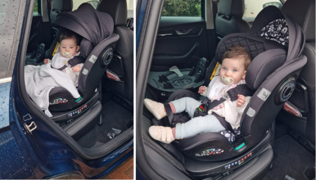 Child in Cosatto All in All Ultra 360 Rotate car seat with sun hood