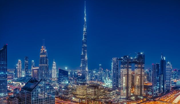 Dubai buildings lit up at night