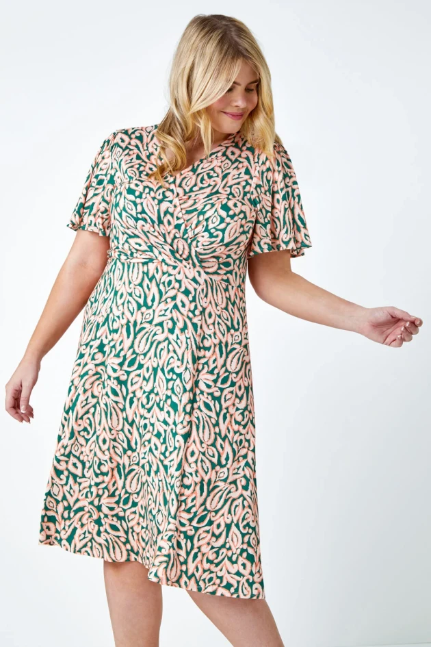 Pink Curve Abstract Print Stretch Wrap Dress