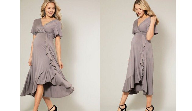 taupe waterfall maternity dress
