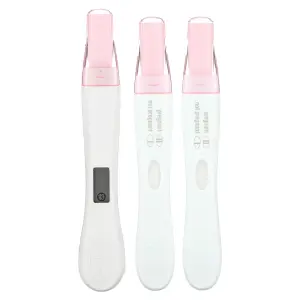 First Response Early Result triple check pregnancy tests stock image of three tests unpackaged