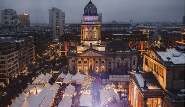 Christmas market from above in a Berlin square