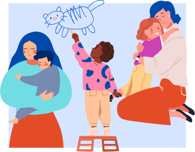 Cartoon image of children with their mothers