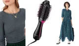 composite image showing brora lace trim top revlon one step and hush dress