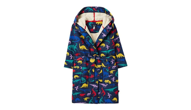 Navy blue fleece dressing gown decorated with yellow, red, green, purple and light blue dinosaurs