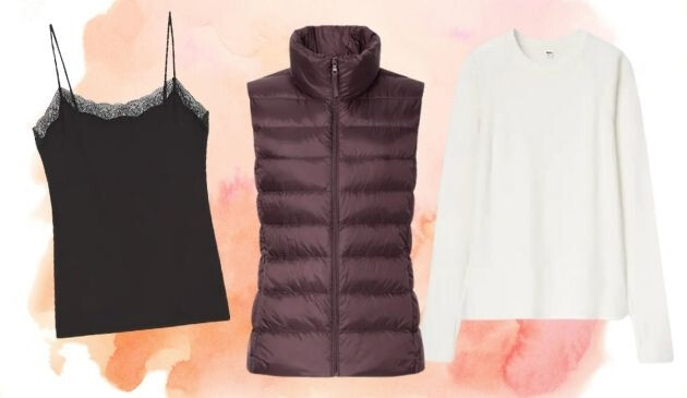 camisole top, down vest and long-sleeved top