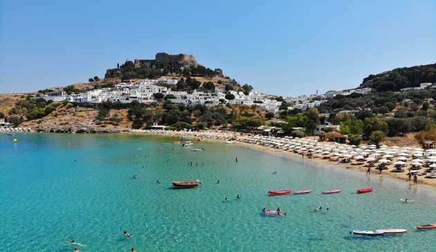 Lindos beach with the town above