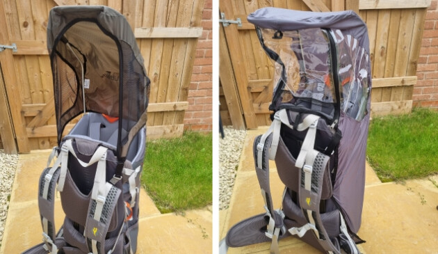 Littlelife Cross Country S4 carrier with sunshade and rain cover attached