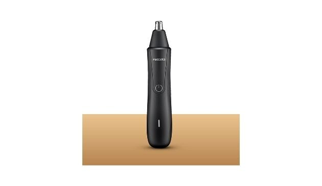 MANSCAPED Weed Whacker Nose and Ear Hair trimmer. Black with silver head, standing upright on a white and light brown background