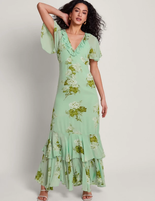 Monsoon Floral V-Neck Ruffle Tiered Maxi Dress