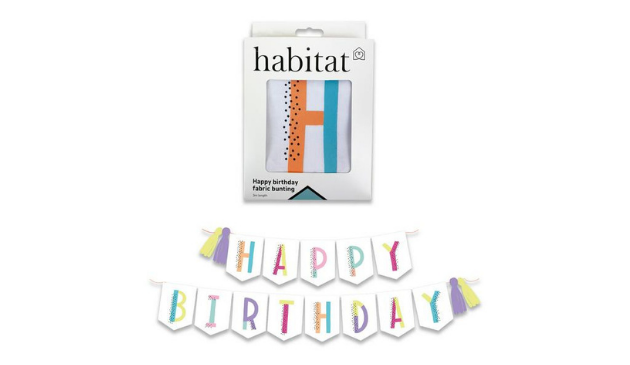 Bunting with the words "Happy Birthday" in rainbow colours