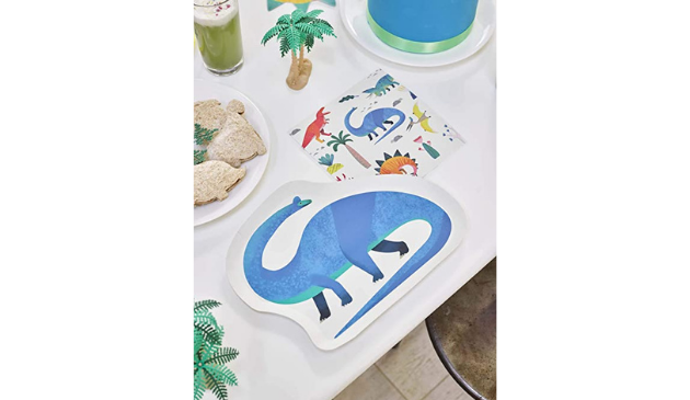 A dinosaur shaped party plate with a blue diplodocus on it