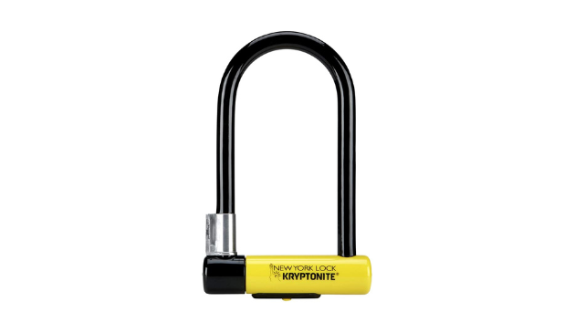 a black and yellow Kryptonite bike lock