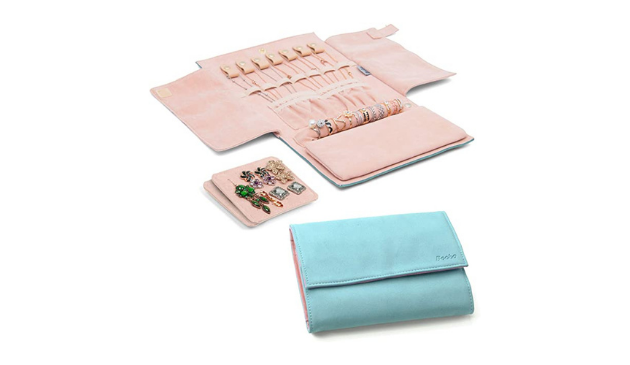 a blue and pink jewellery roll shown both open and closed