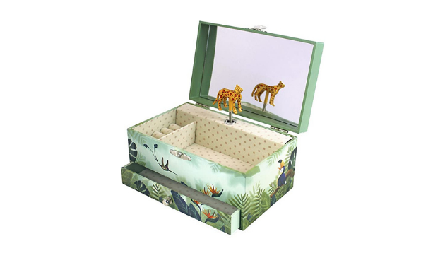 a jewellery box with a cheetah and jungle-themed decoration