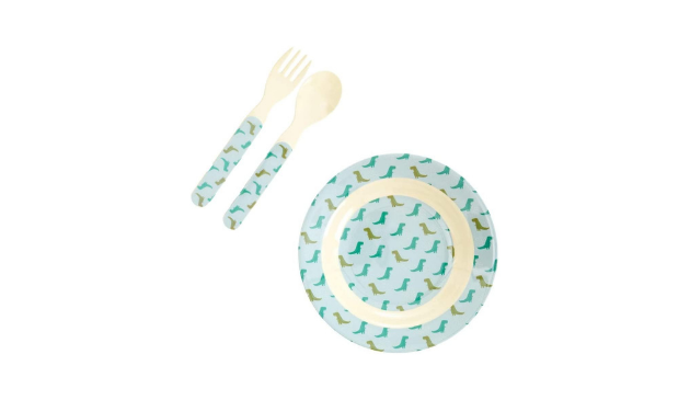 a melamine plate and cutlery with a blue and green dinosaur pattern