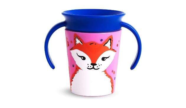 Munchkin Miracle 360 WildLove Trainer Cup in pink with a picture of a fox on the front and two blue handles