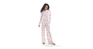 Threadbare bow print long sleeve pyjama set in pink and white